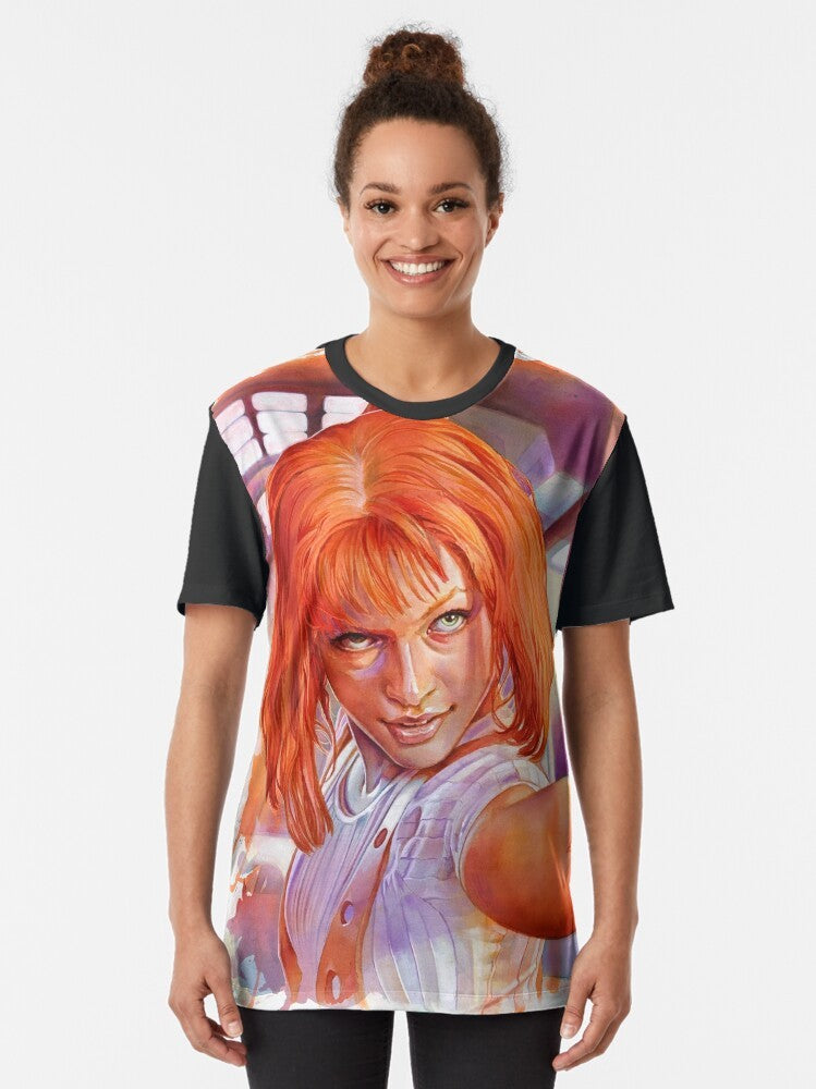 Leeloo, the supreme being from the movie The Fifth Element, featured on a graphic t-shirt design. - Women