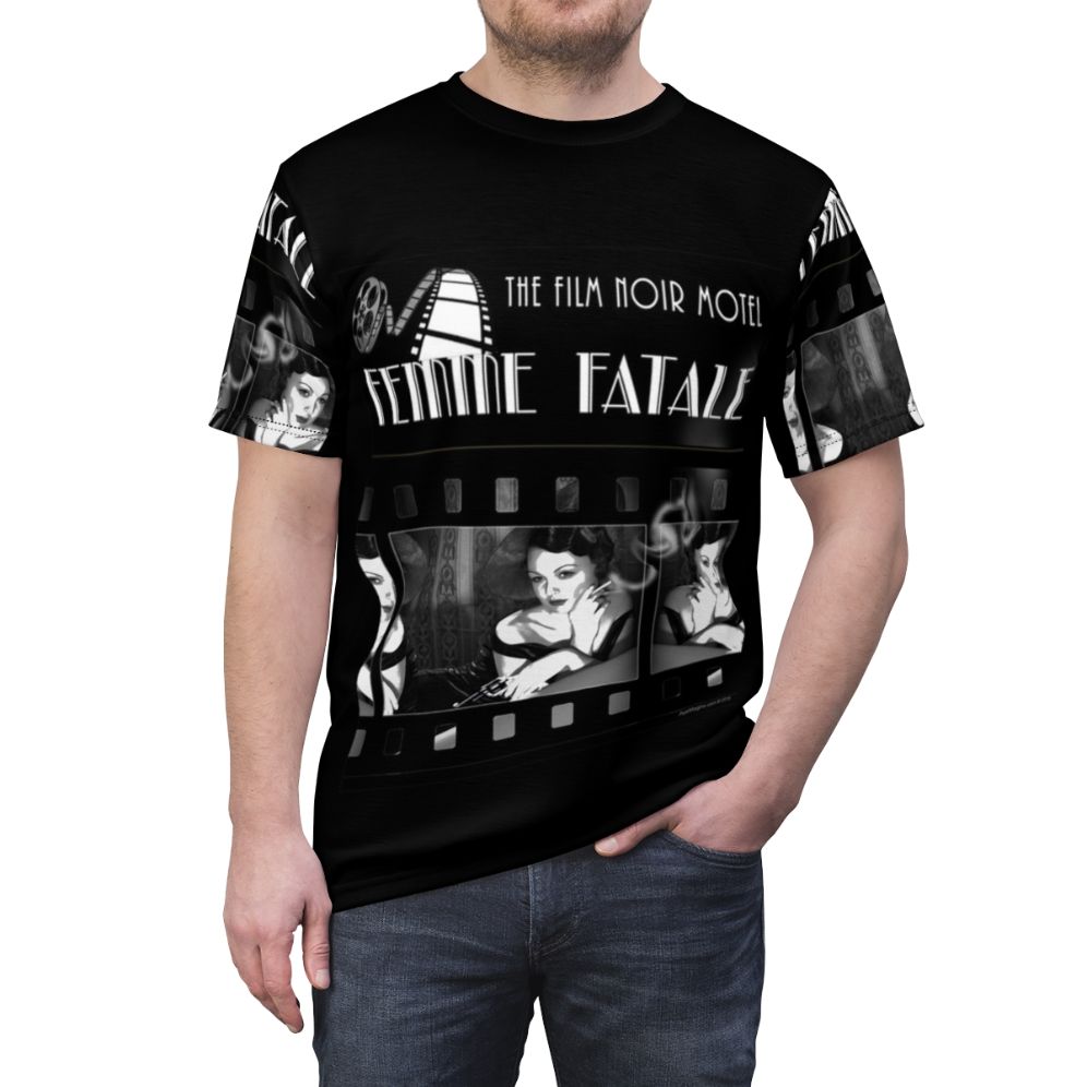 Model wearing a t-shirt with a film noir inspired design featuring a femme fatale character - men front