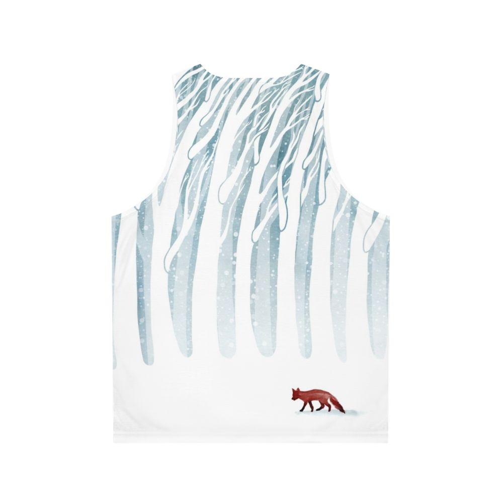 Unisex tank top with a snowy forest and fox design - Back