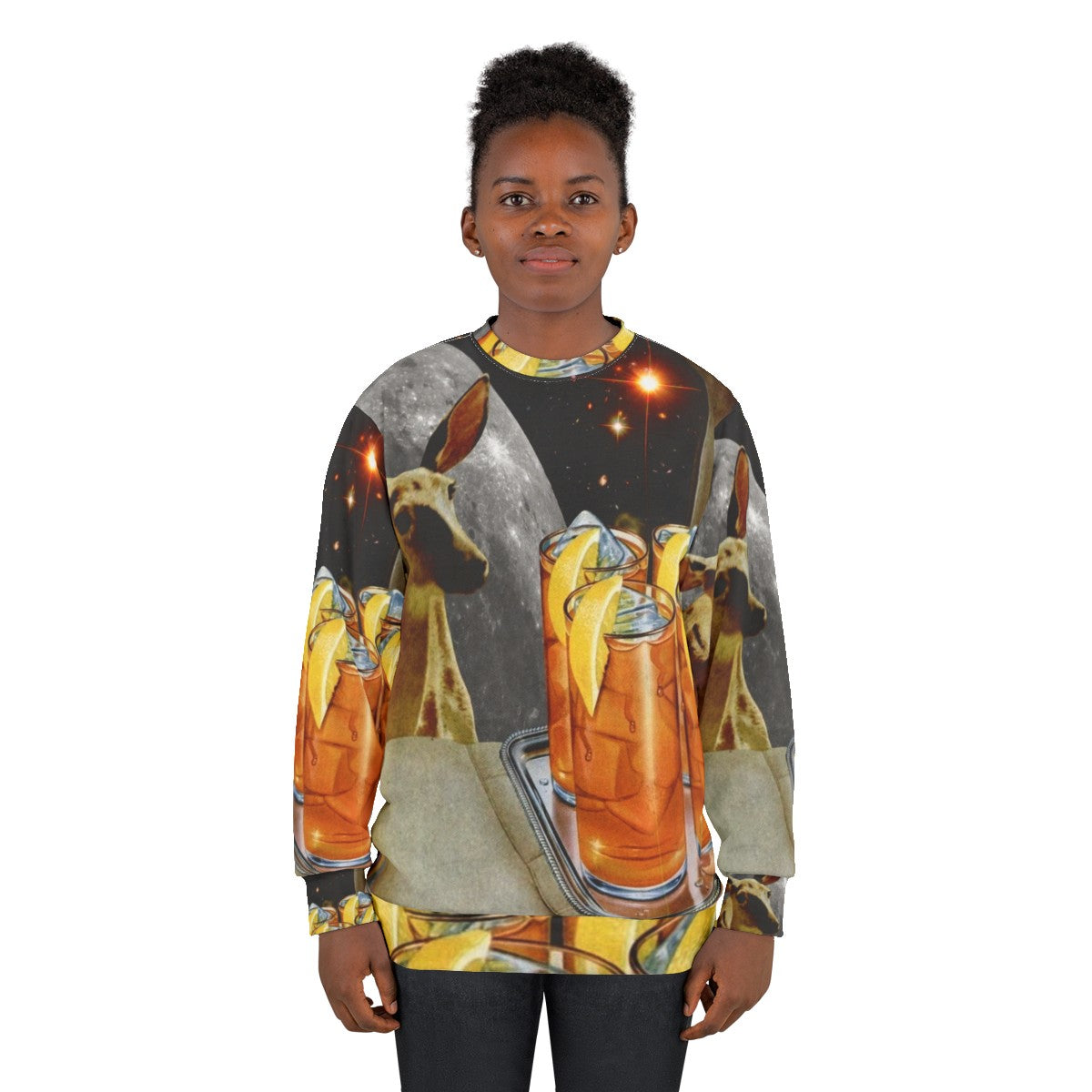 Retro oh deer sweatshirt featuring a trippy animal design in a pop art style - women