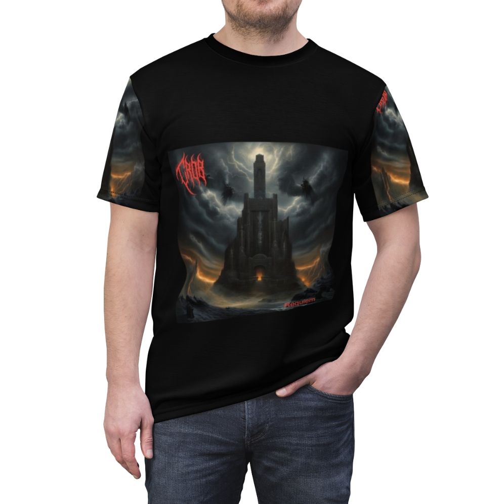 Crushing heavy metal-inspired t-shirt design featuring a "Crob Requiem" album cover motif - men front