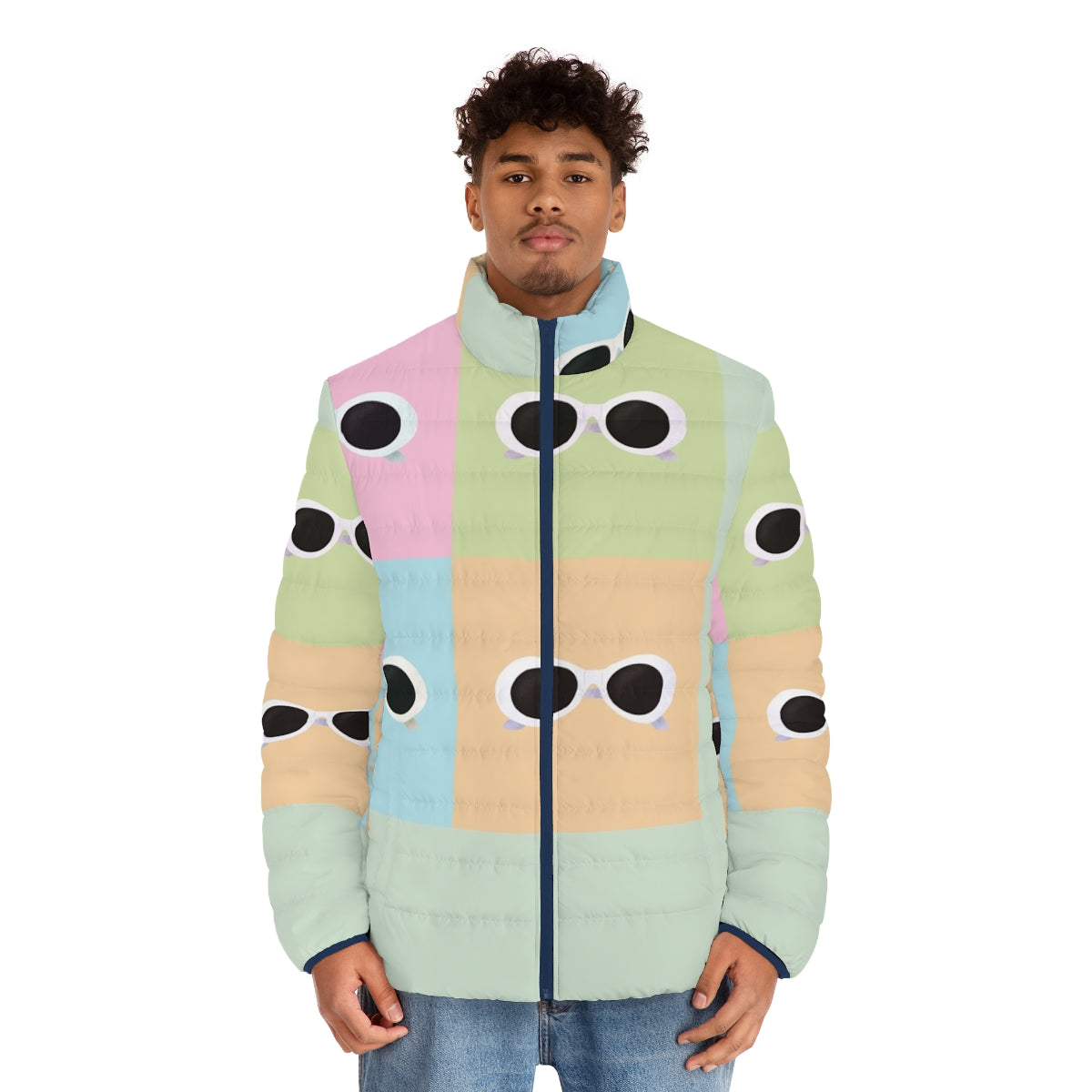 David Rose inspired pop art puffer jacket featuring pastel rainbow colors and Schitt's Creek graphics - men front