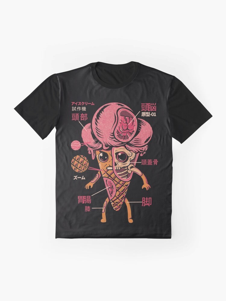 Retro illustration of an ice cream-themed kaiju monster on a graphic t-shirt - Flat lay