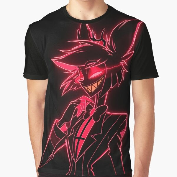 Neon graphic t-shirt featuring the radio demon Alastor from the Hazbin Hotel series