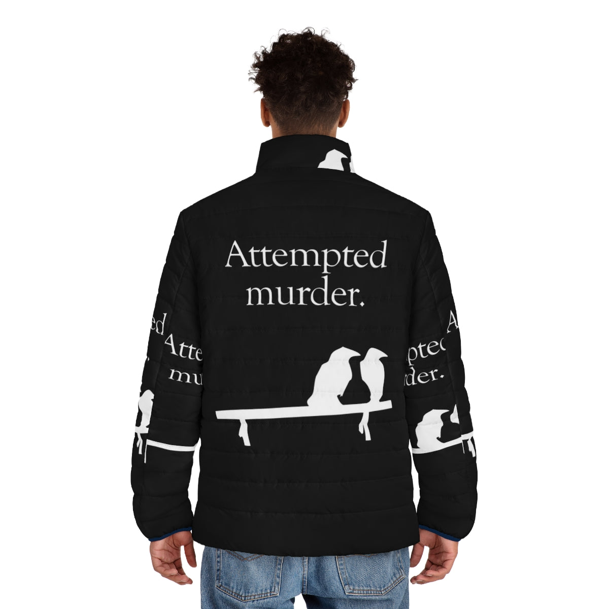 A white puffer jacket with a humorous "Attempted Murder" design featuring crows or birds. - men back