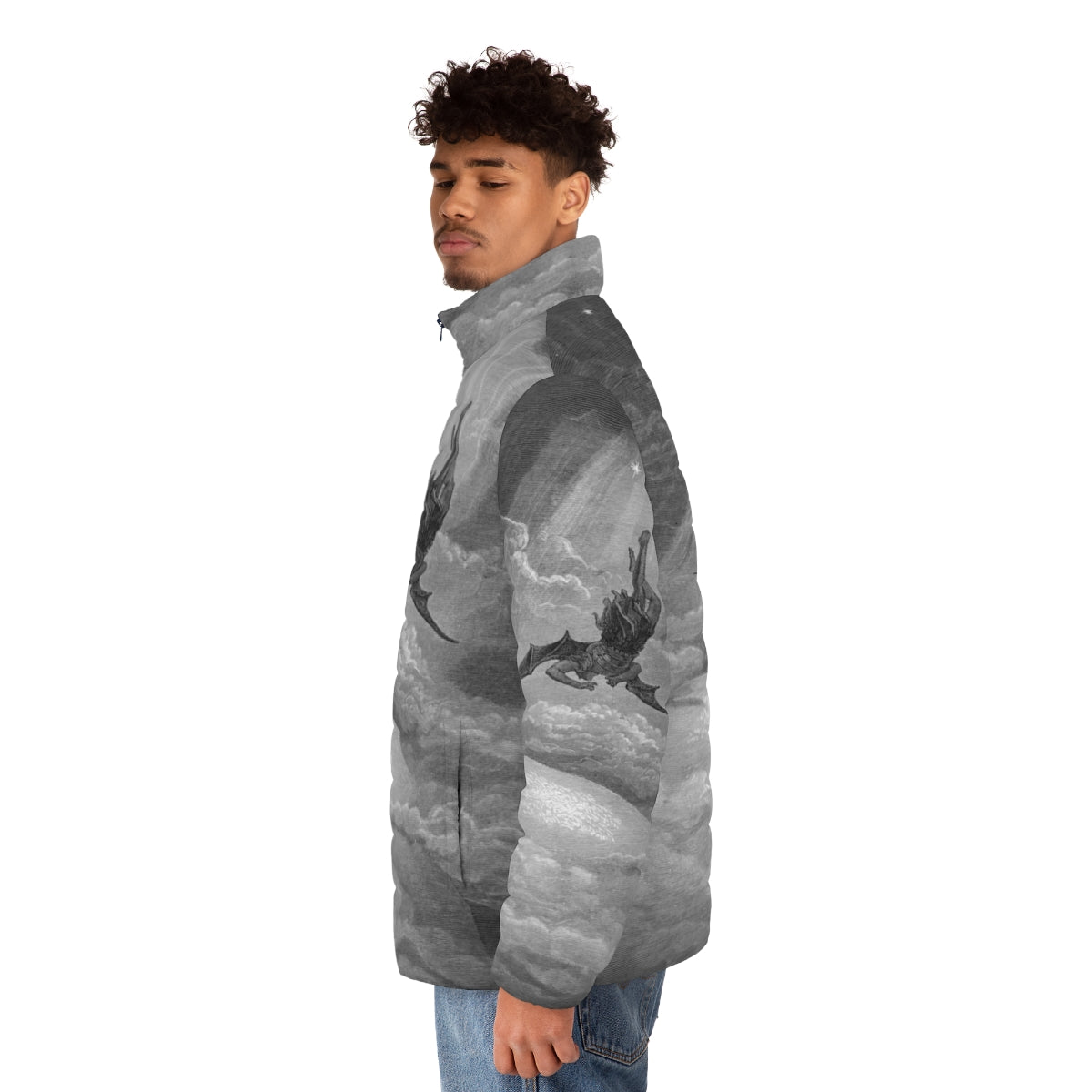 Puffer jacket featuring Gustave Dore's 'Satan Falls to Earth' woodcut artwork - men side left