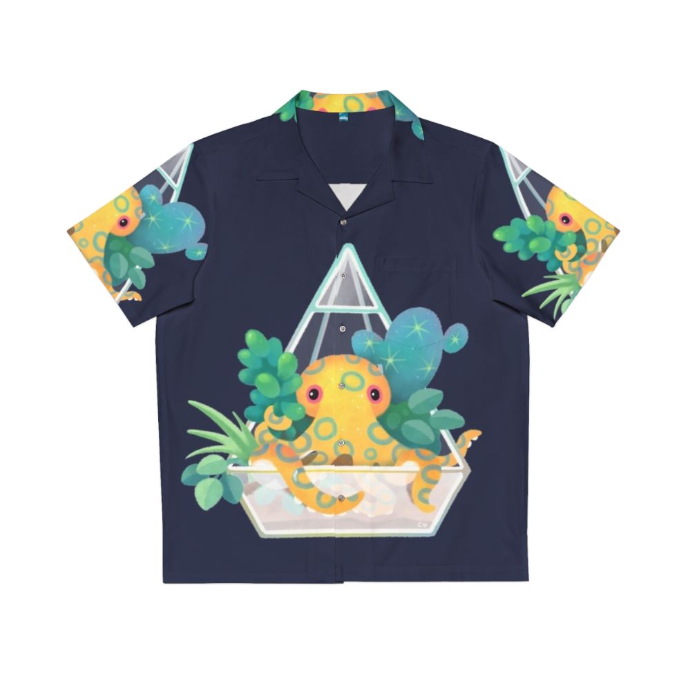 Blue ringed octopus in an ocean terrarium design on a Hawaiian shirt