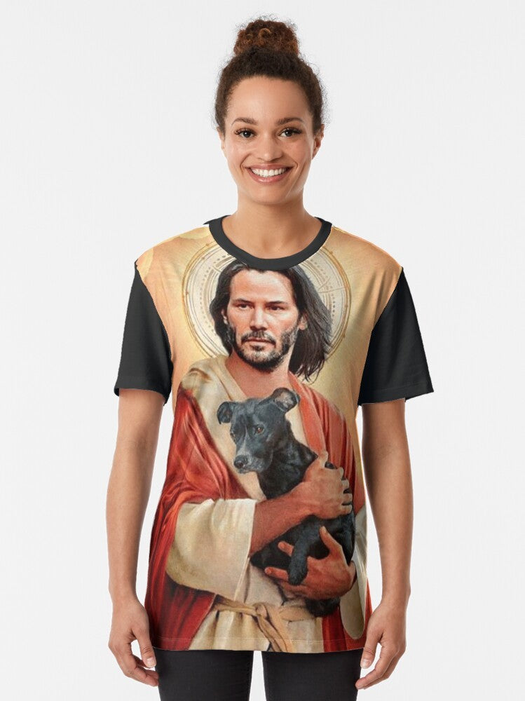 A graphic t-shirt featuring Keanu Reeves as Jesus Christ with a dog. - Women