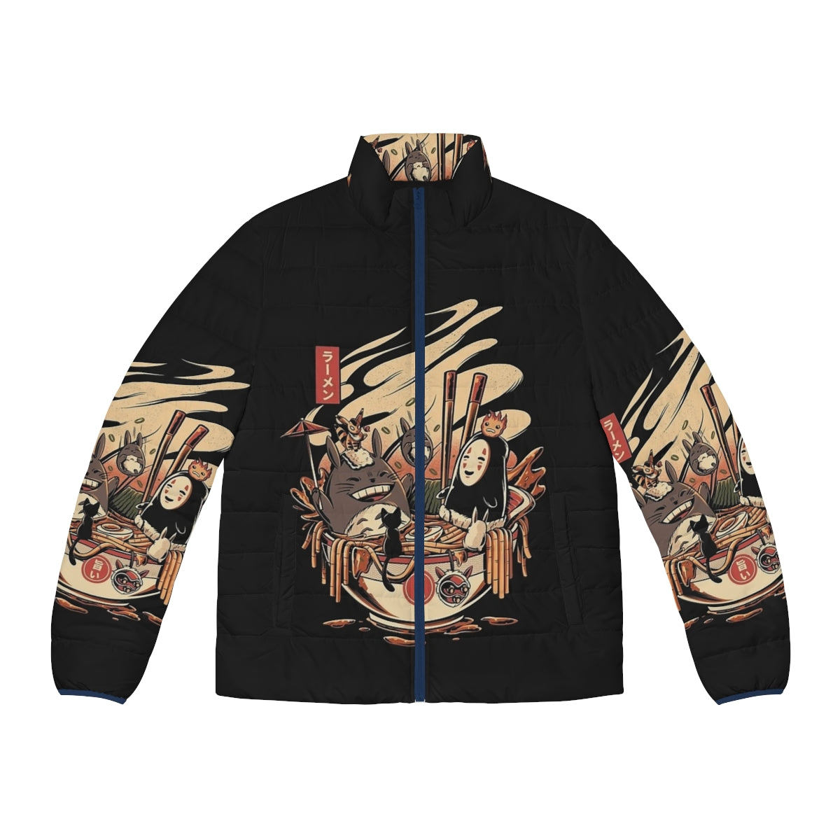 Ramen noodle puffer jacket with anime-inspired design