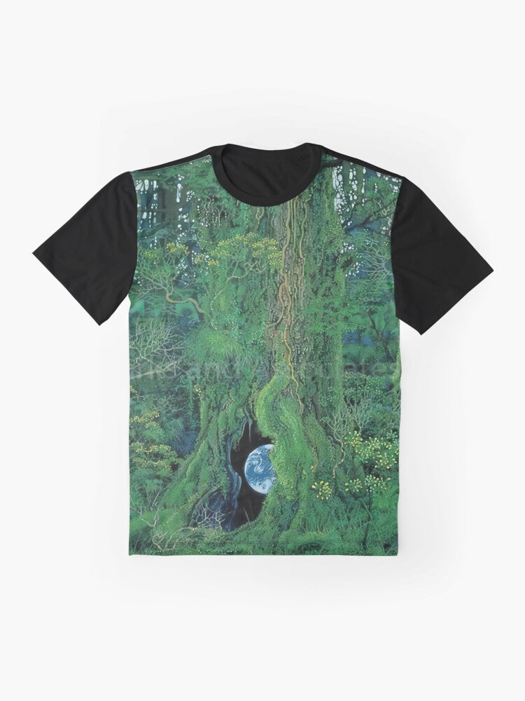 Hiroo Isono's nature art graphic t-shirt featuring colorful watercolor paintings of wildlife and forest scenes - Flat lay