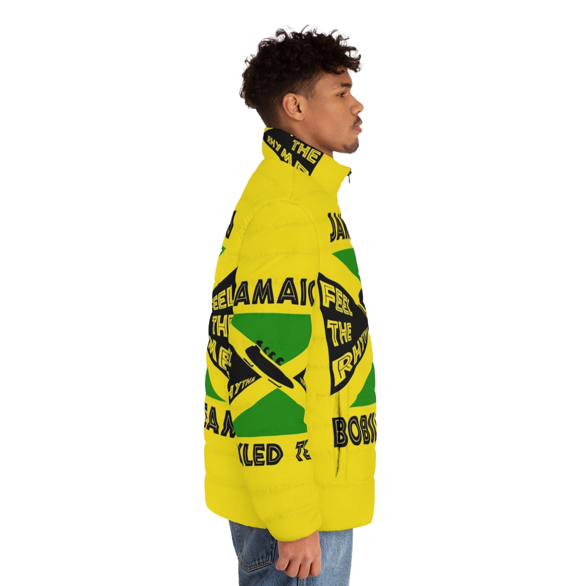 Jamaican bobsled team puffer jacket with retro 90s design inspired by the movie Cool Runnings - men side right