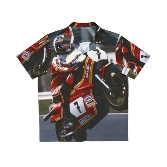 Vintage-inspired Barry Sheene Hawaiian shirt featuring retro motorcycle graphics