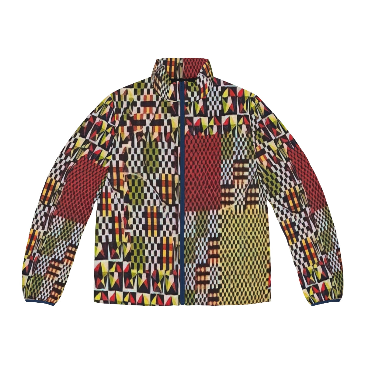 Puffer jacket featuring Alfred Jensen's colorful geometric artwork inspired by the Pythagorean Theorem