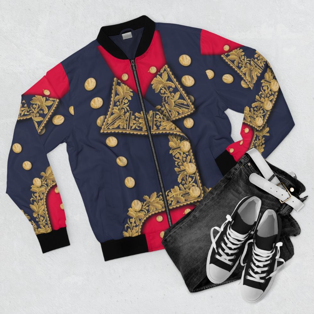 Vintage French Army Napoleonic General bomber jacket with gold accents and military design - Flat lay