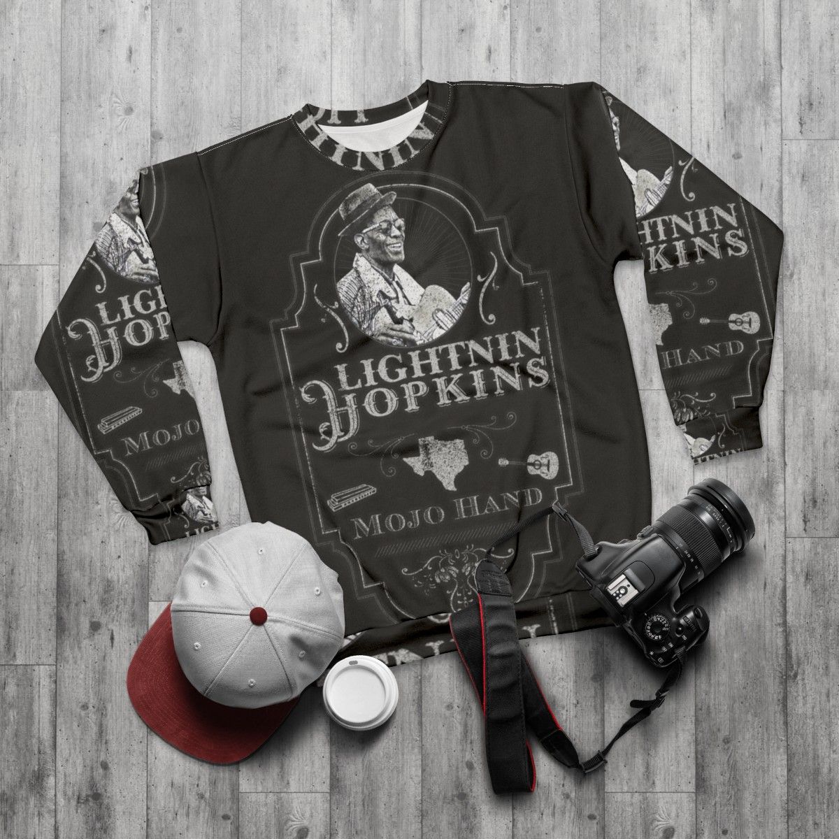 Lightnin Hopkins Tribute Blues Guitar Sweatshirt - flat lay