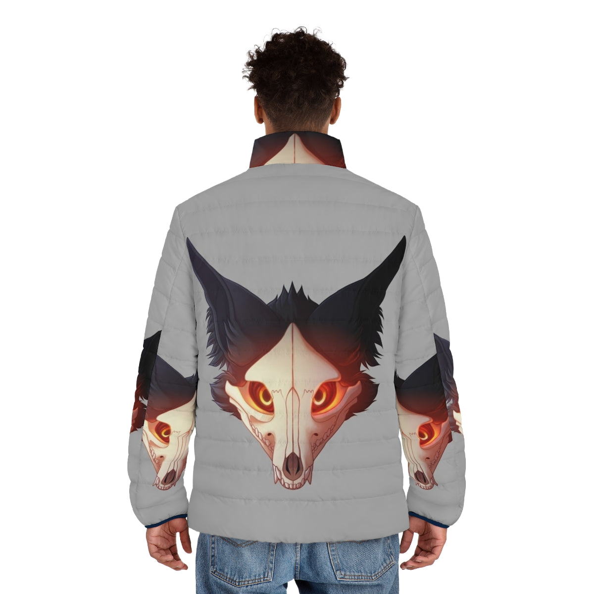 Cadaver puffer jacket with furry details, skull and wolf design - men back