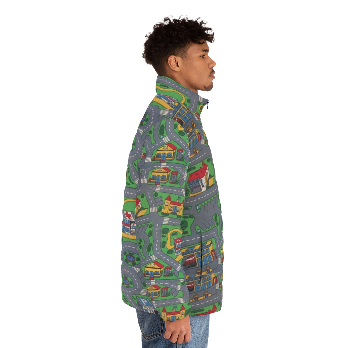 City map puffer jacket with urban landscape design - men side right