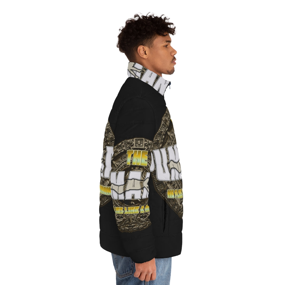 The Pumaman Flies movie puffer jacket, featuring a cult classic 80s superhero design - men side right