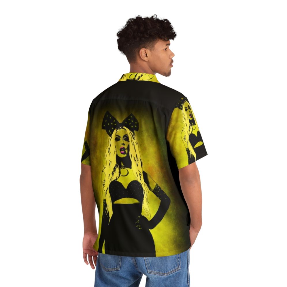 Colorful hawaiian shirt featuring Alaska Thunderfuck 5000 design - Flat lay