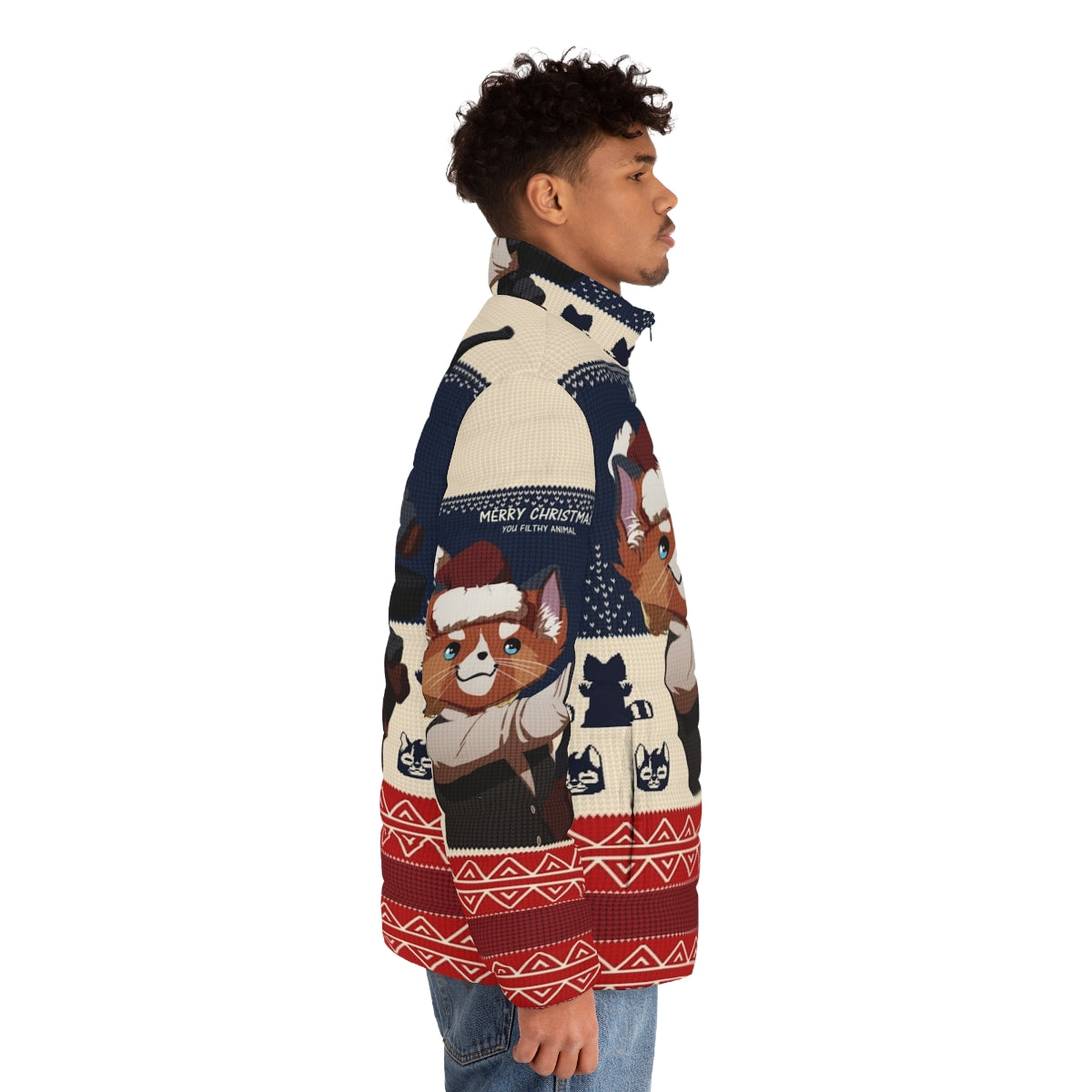 Puffer jacket with "Merry Christmas You Filthy Animal" design, perfect for the holidays - men side right