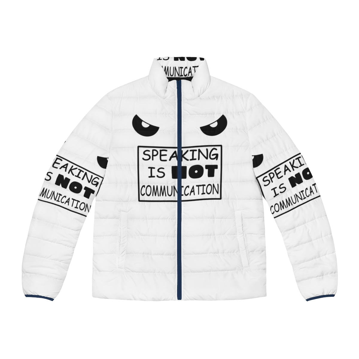 A stylish puffer jacket featuring an anime-inspired graphic design with the text "Speaking Is Not Communication".