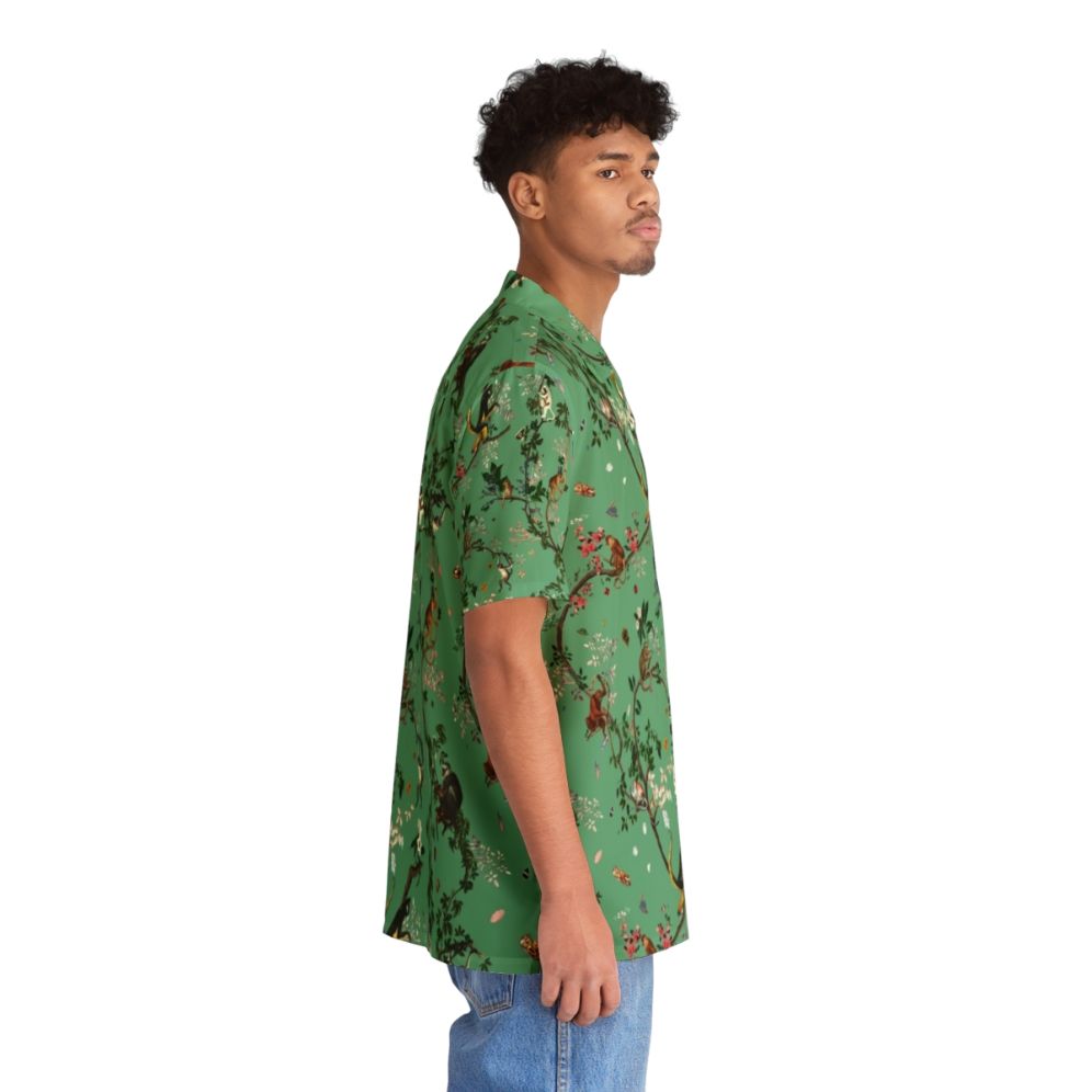 Monkey World Green Hawaiian Shirt with Lush Tropical Floral Print - People Pight