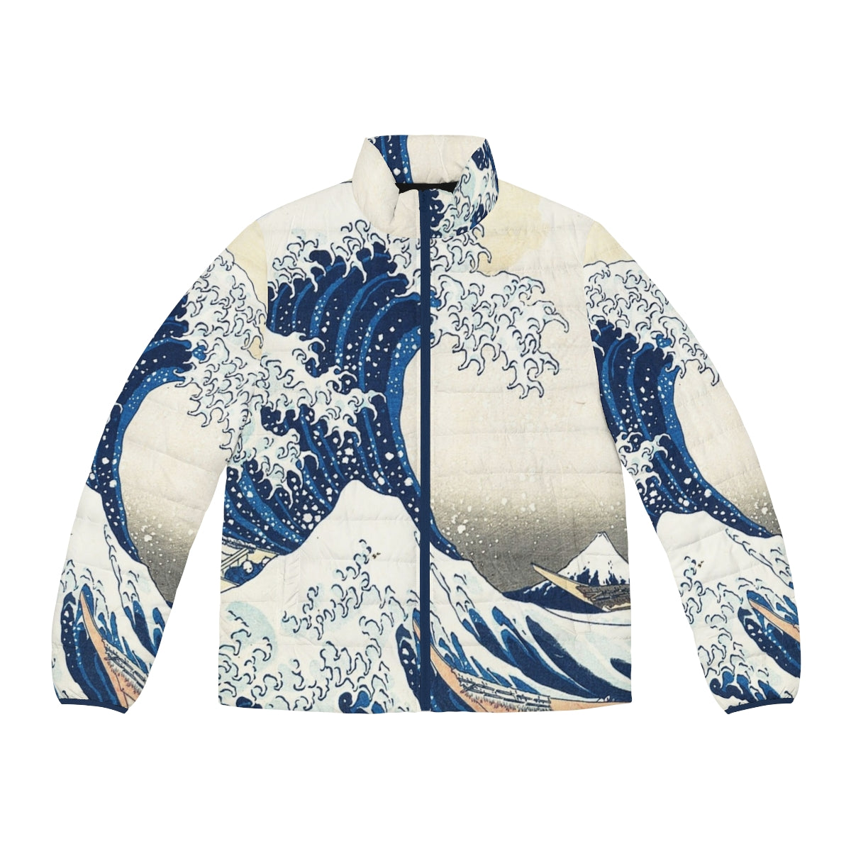 Kanagawa Wave Japanese Wave Puffer Jacket featuring the iconic Hokusai wave artwork