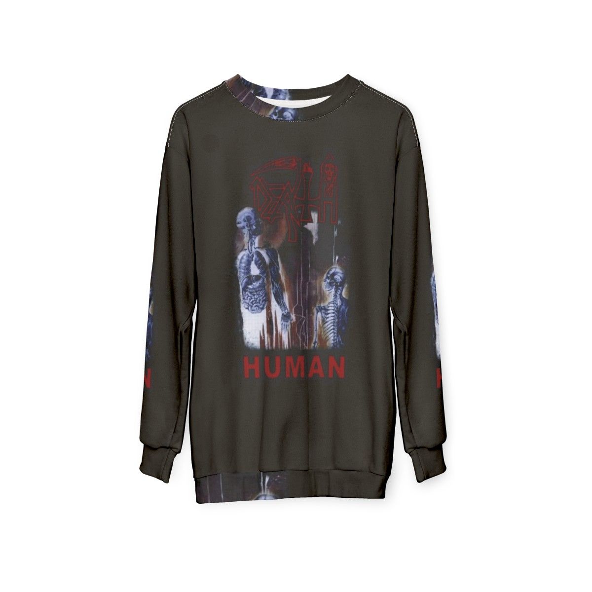 Death Metal Sweatshirt featuring a dark graphic design - hanging