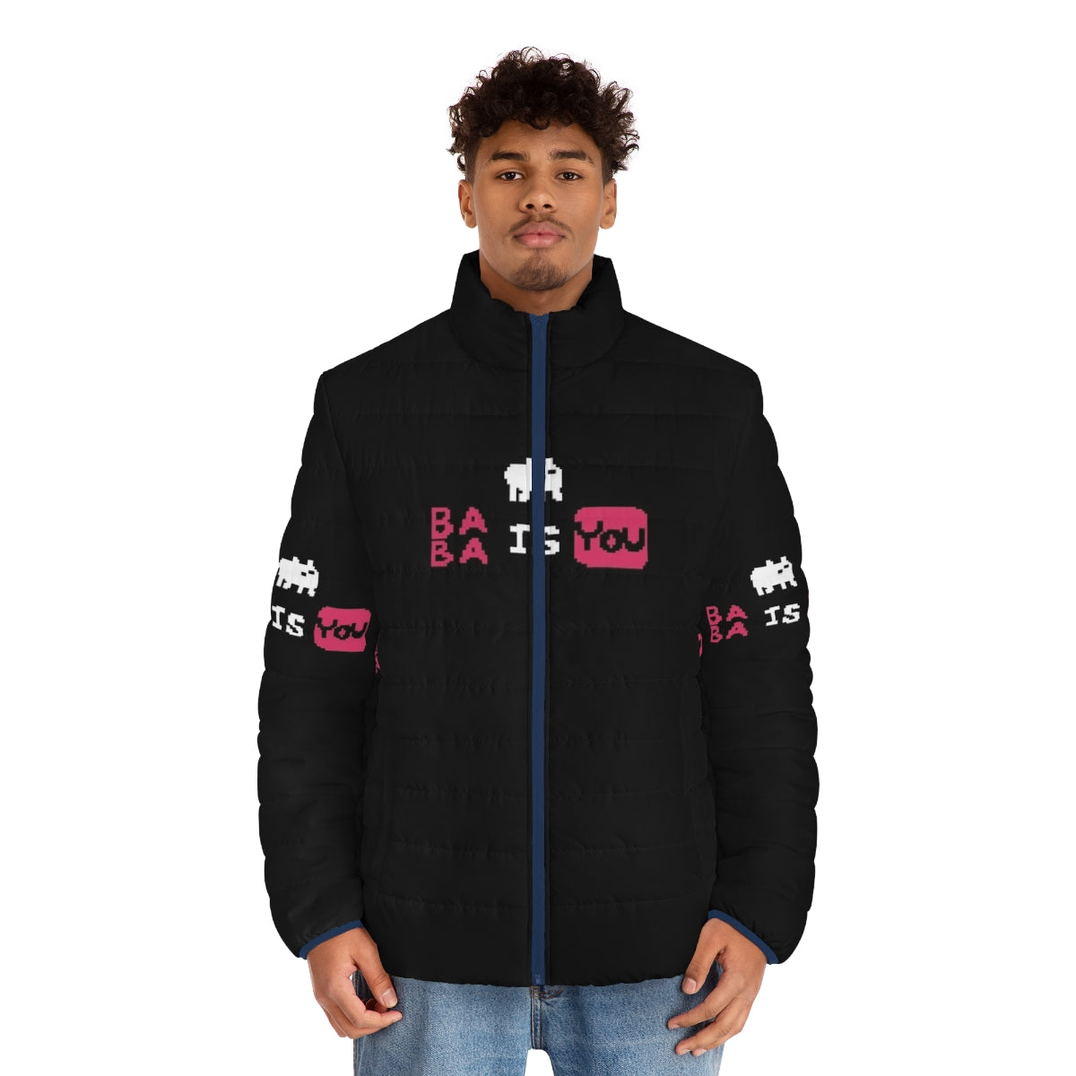 Baba Is You pixel art puffer jacket featuring the iconic game characters - men front