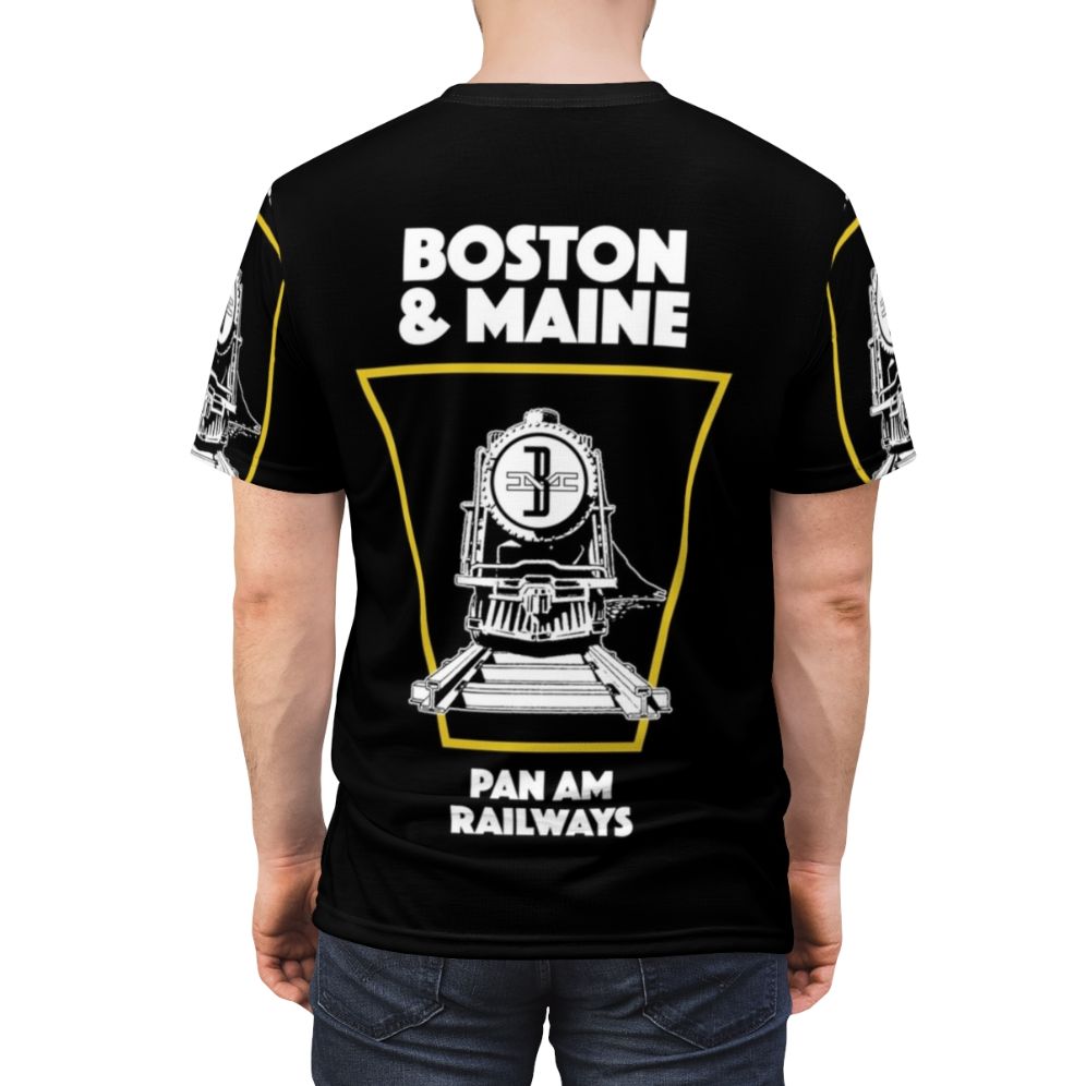 Vintage-style graphic t-shirt featuring a Boston Maine train emblem design - men back