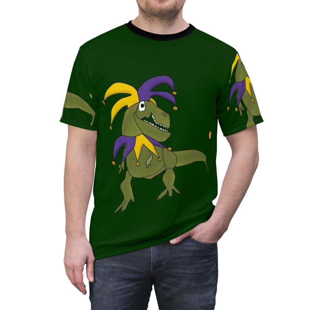 T-Rex wearing a jester costume on a whimsical t-shirt design - men front