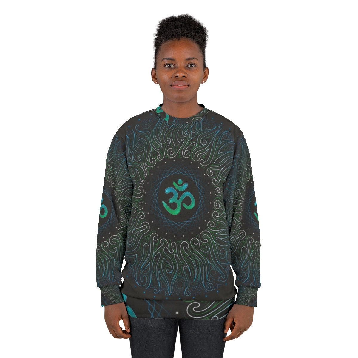 Pranava yoga om mandala sweatshirt with visionary art and sacred geometry - women