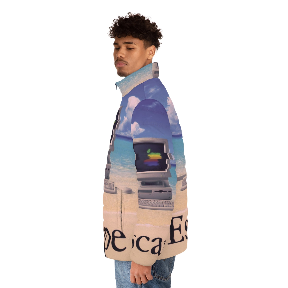 Vaporwave-inspired Macintosh puffer jacket with retro 90s aesthetic - men side left