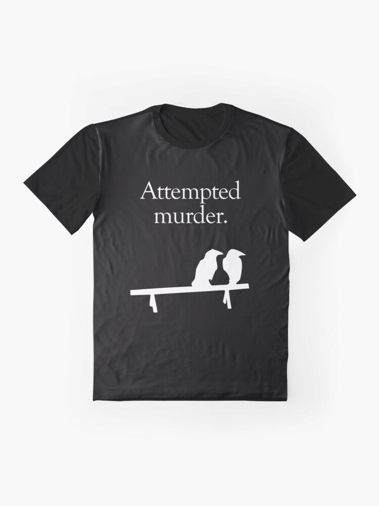 A graphic t-shirt design featuring the text "Attempted Murder" with stylized crows in black and white. - Flat lay