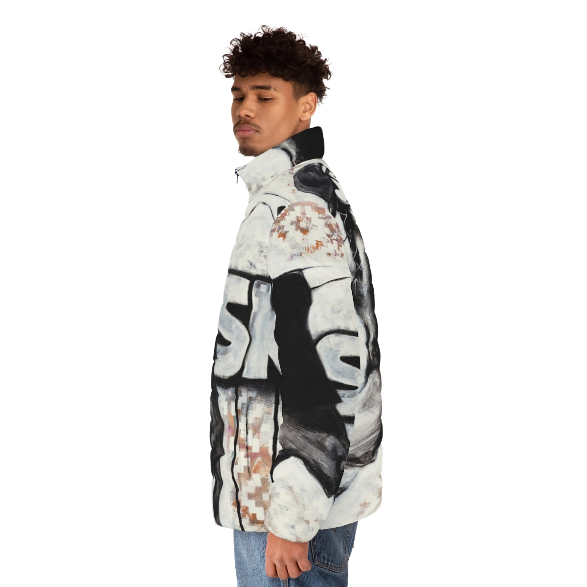 Skoden Puffer Jacket with Native American inspired Grafitti Design - men side left