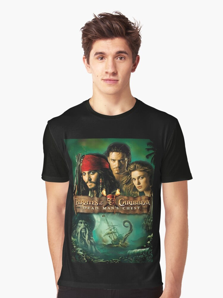 A graphic t-shirt featuring the iconic characters and imagery from the movie "Pirates of the Caribbean: Dead Man's Chest", including Jack Sparrow, the Black Pearl, and the Caribbean setting. - Men