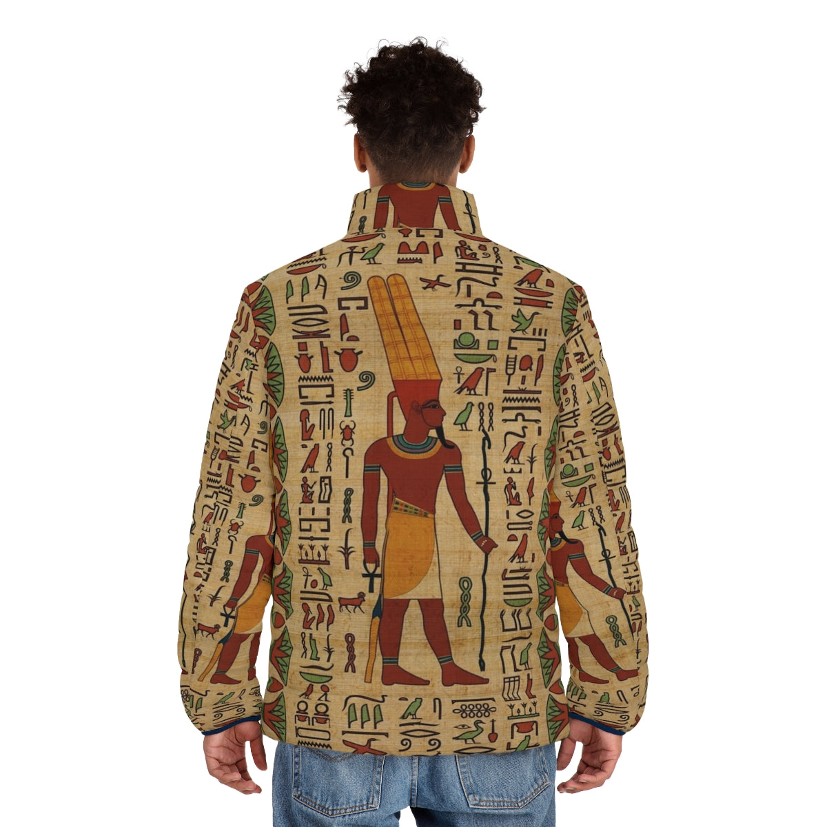 Amun Ra puffer jacket with ancient Egyptian hieroglyphic and papyrus motif - men back