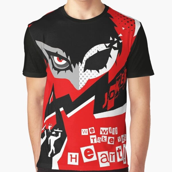 Persona 5 Joker character design with text "Take your heart" on a graphic t-shirt