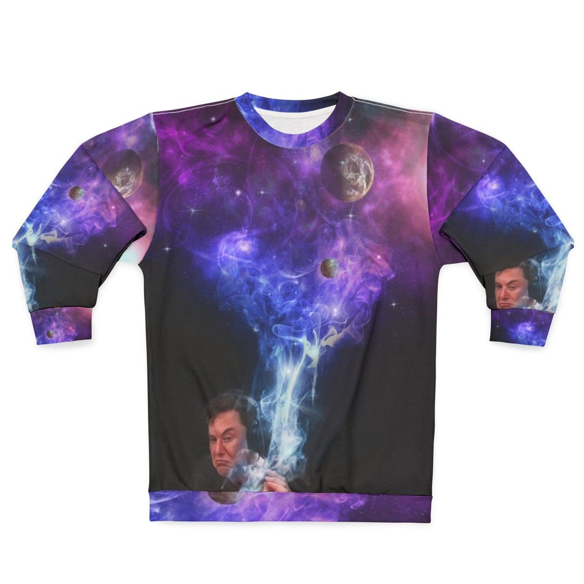 Elon Musk smoking in the cosmos sweatshirt