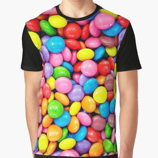 Colorful Smarties candy graphic on a t-shirt