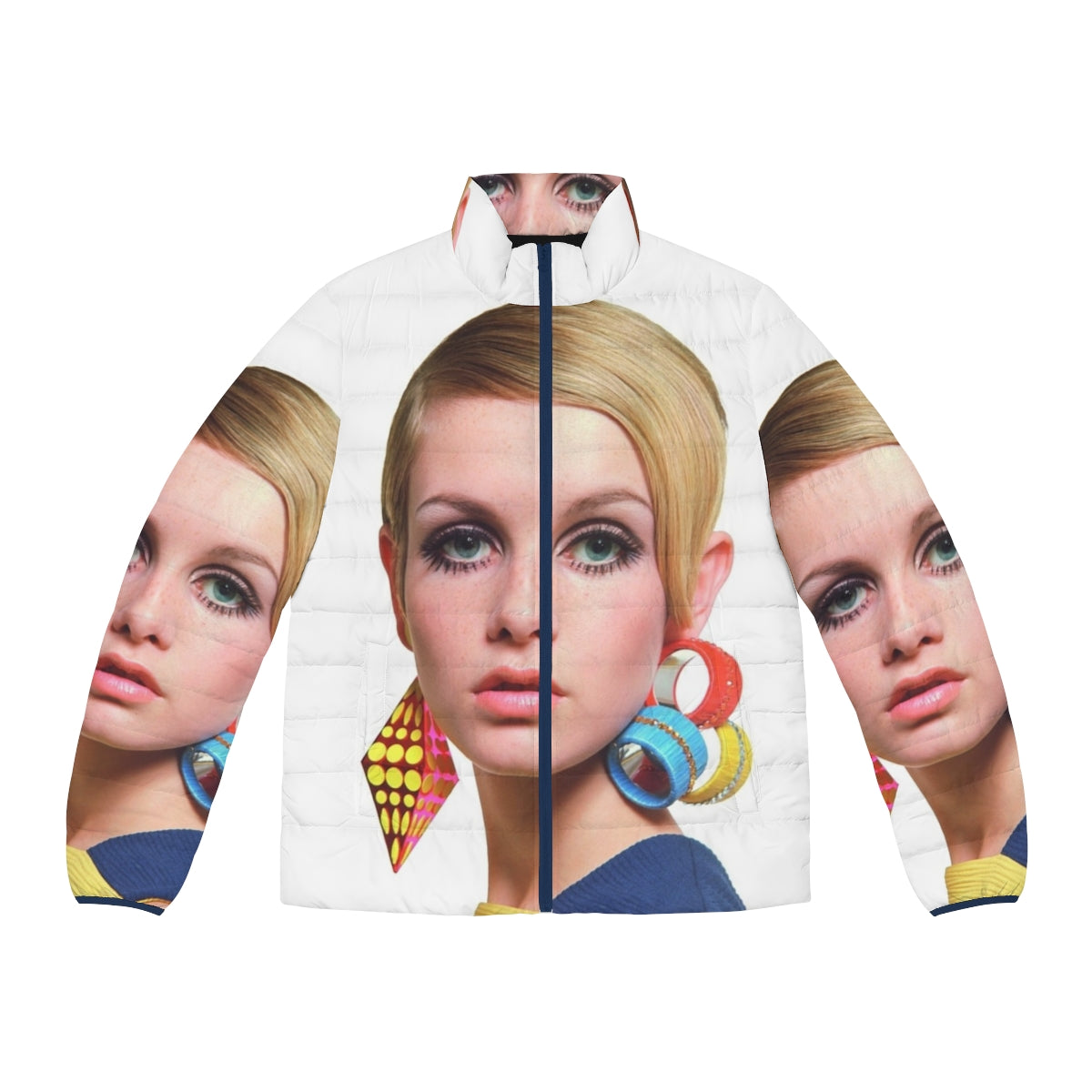 Stylish 60s-inspired puffer jacket with Twiggy model aesthetic