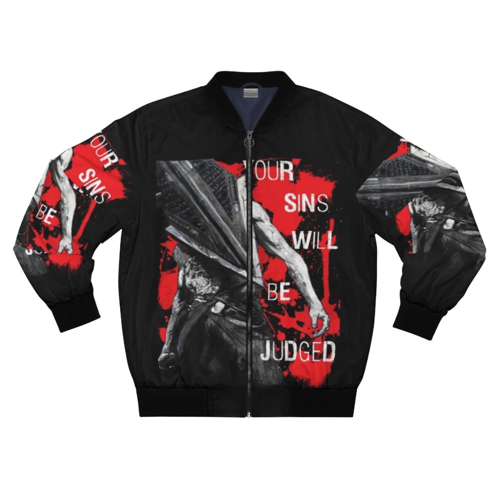 Horror-themed bomber jacket with spooky imagery