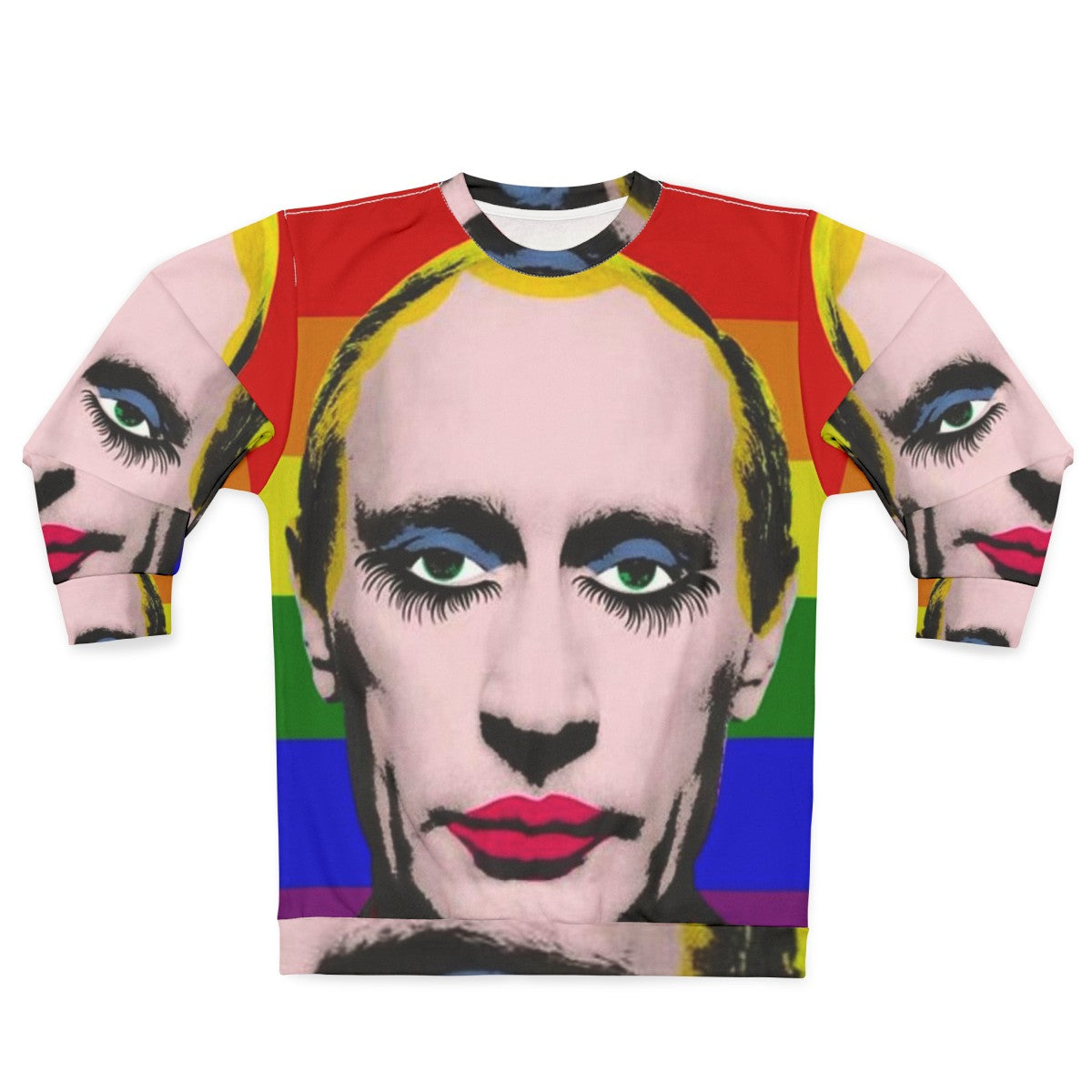 Gay Putin Pride Flag Sweatshirt featuring drag queen imagery as protest art