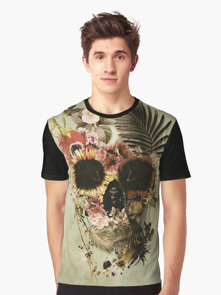 A graphic t-shirt featuring a floral skull design with a garden-inspired aesthetic. - Men