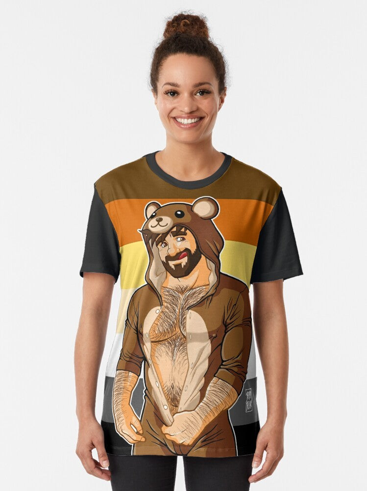 A graphic t-shirt featuring a bearded, gay bear with the text "ADAM LIKES TEDDY BEARS - BEAR PRIDE". - Women