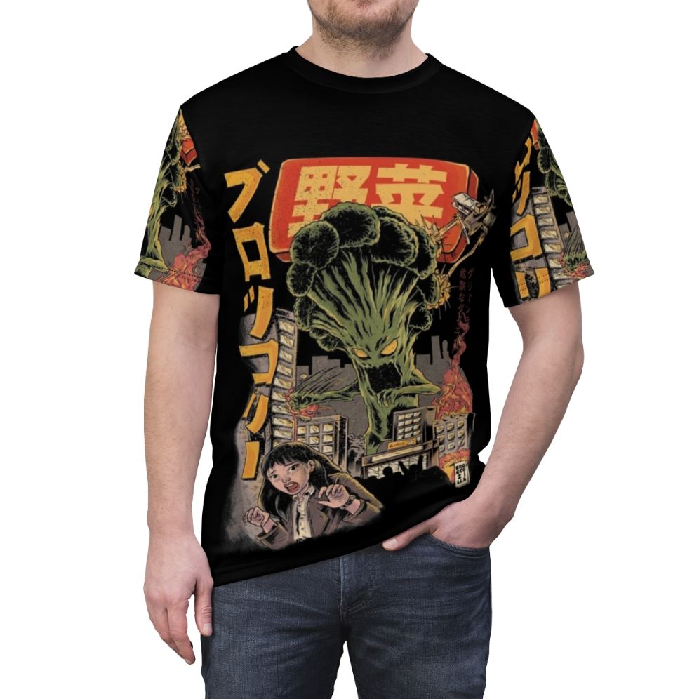 Illustration of a giant, mutant broccoli creature on a black t-shirt - men front