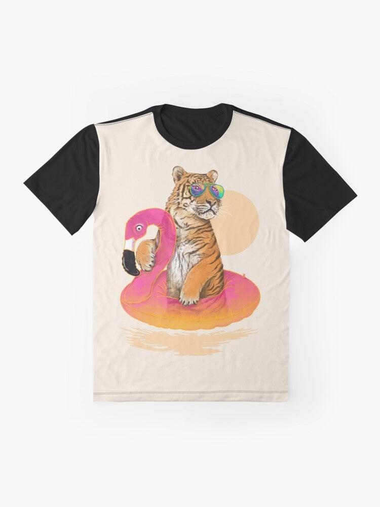 Colorful graphic t-shirt featuring a tiger and flamingo in a tropical, summery design - Flat lay