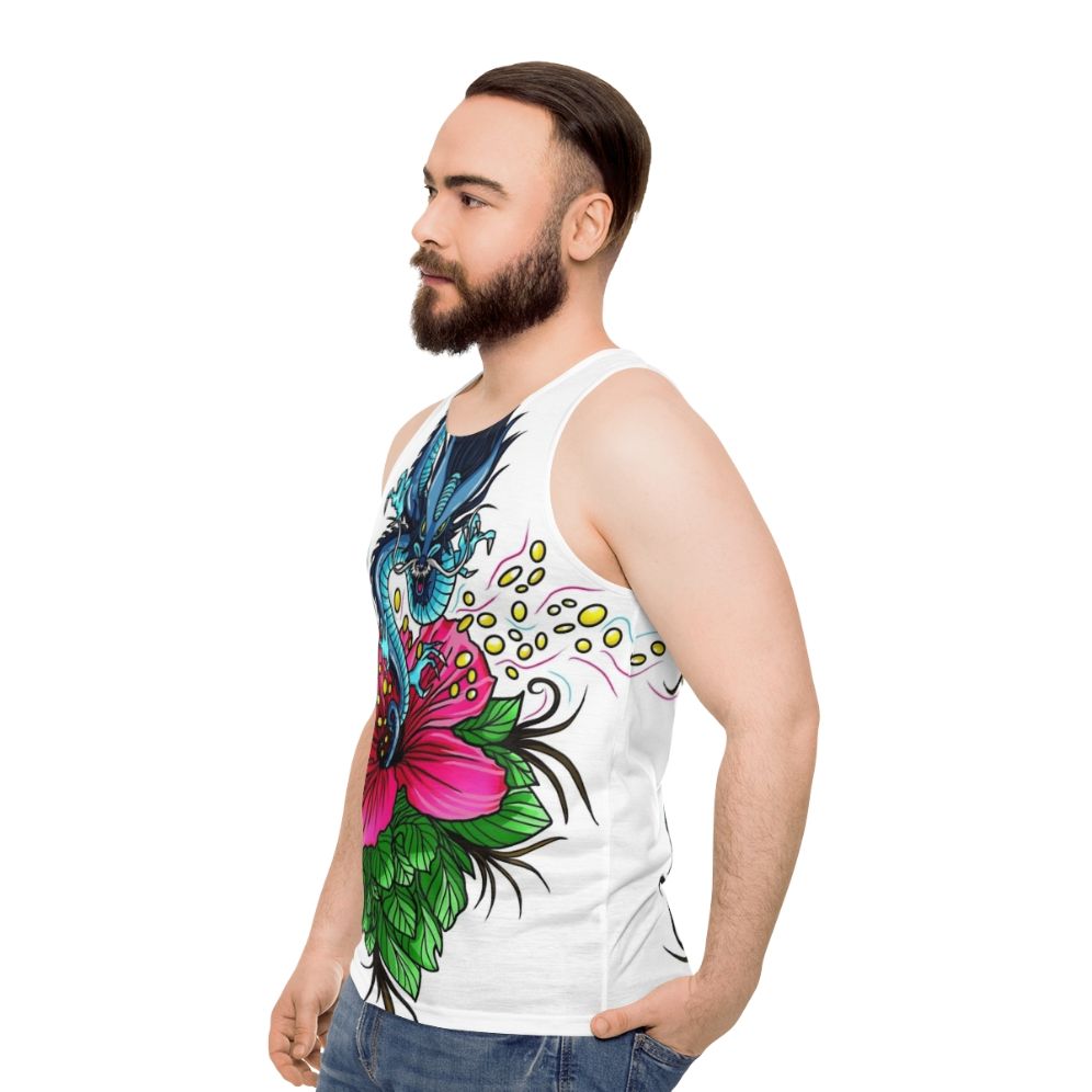 Unisex tank top featuring a dragon with hibiscus flowers - men side