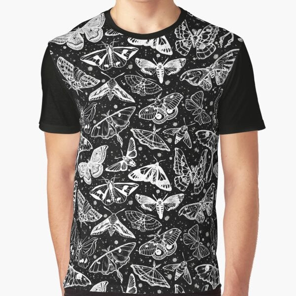 Artistic illustration of a mystical moth on a black graphic t-shirt