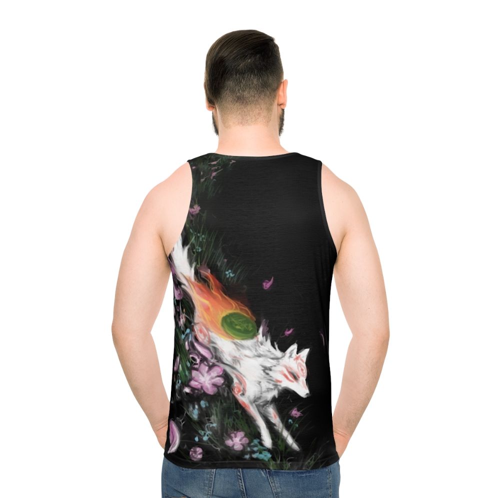 Okami unisex tank top featuring the wolf goddess Amaterasu - men back